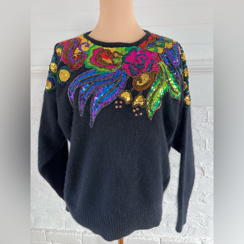 I.B. Diffusion Floral Sequined Silk Angora Sweater Black Fuzzy Vintage 90’s